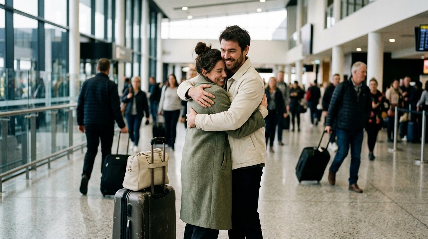 A couple embracing in an airport arrivals hall beside a suitcase