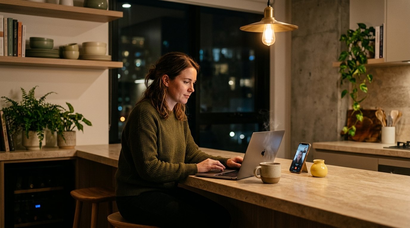 A woman at a kitchen bench at night working on a laptop with a paused video call on her phone