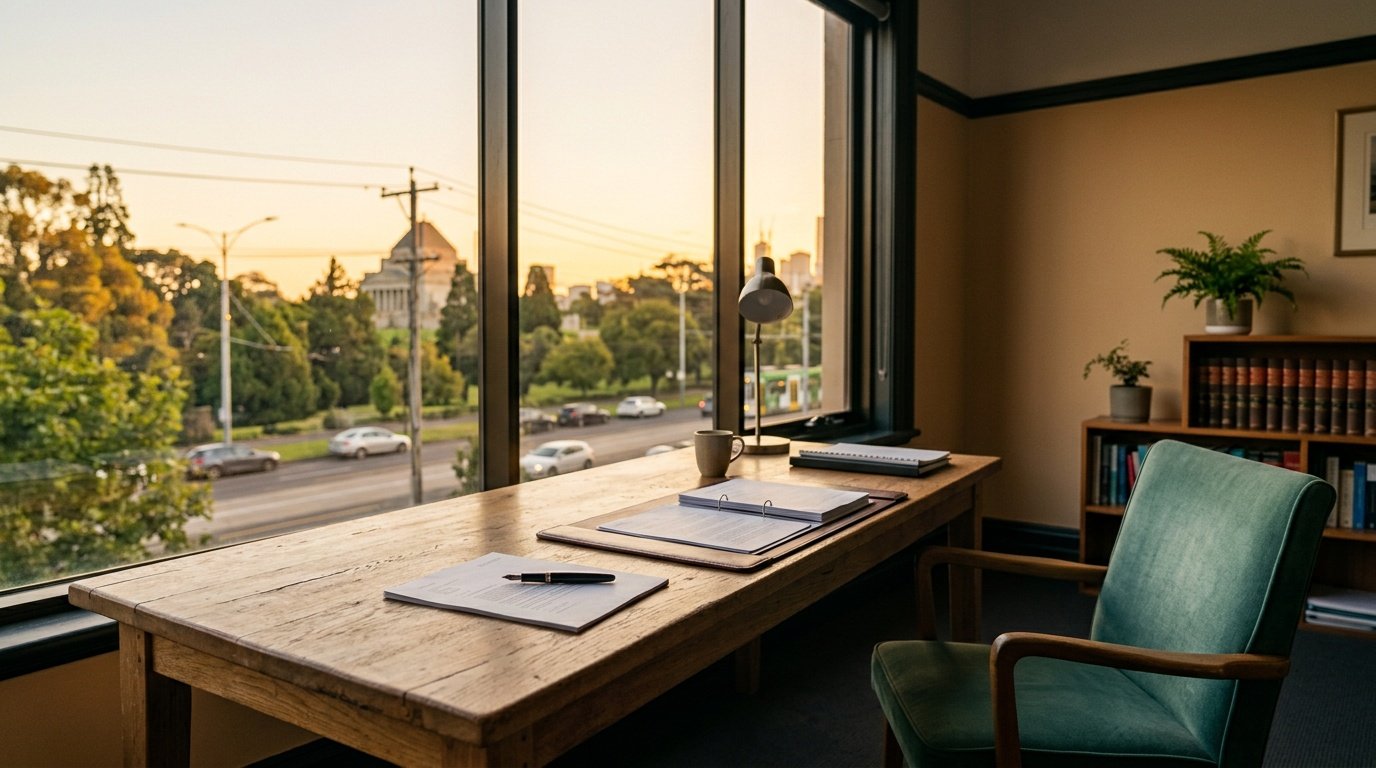 The office at golden hour, documents laid out for a consultation
