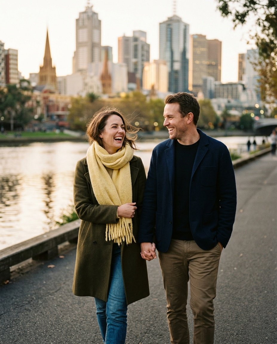 A couple walking beside the Yarra at golden hour