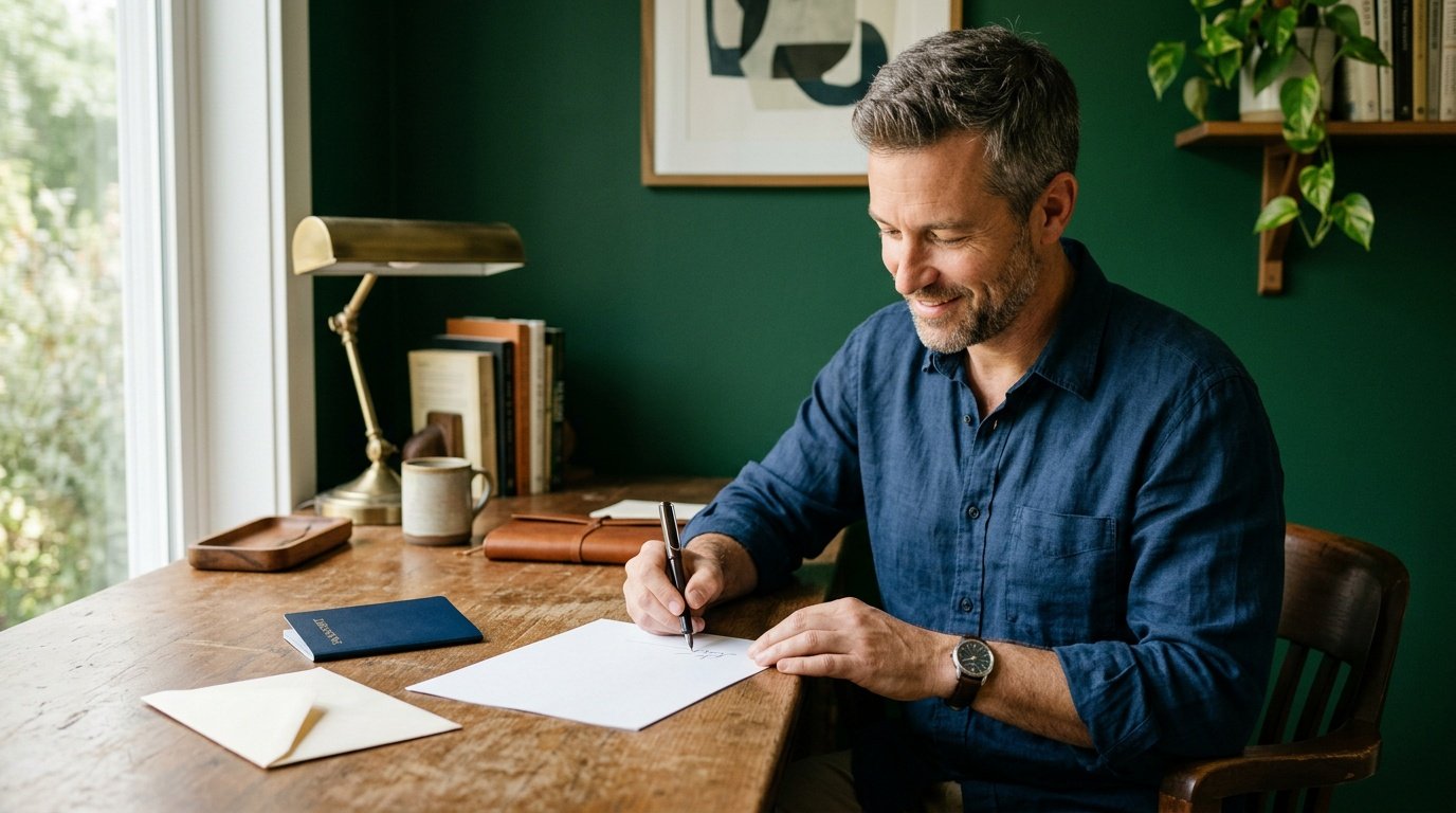A sponsor at a home desk signing the sponsorship form beside his passport