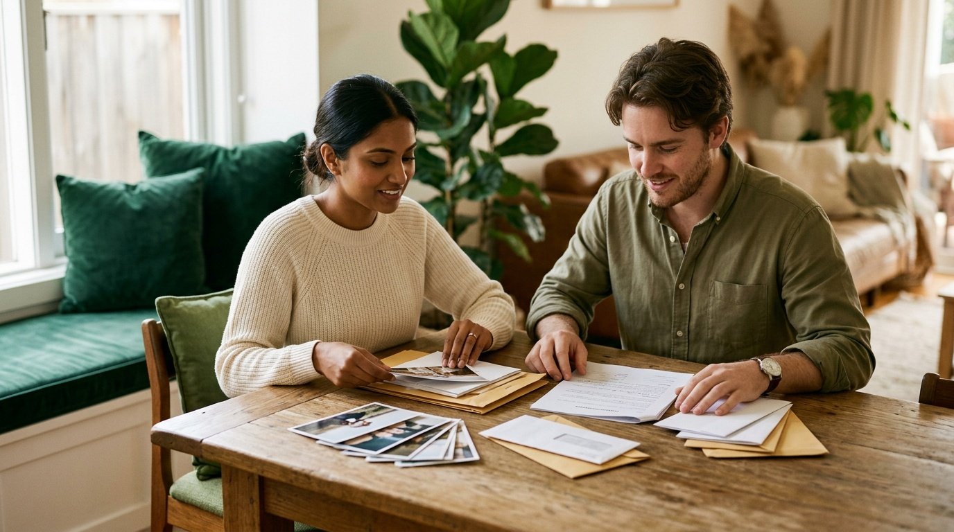 A couple at their dining table laying out photographs, envelopes and a lease for their partner visa evidence